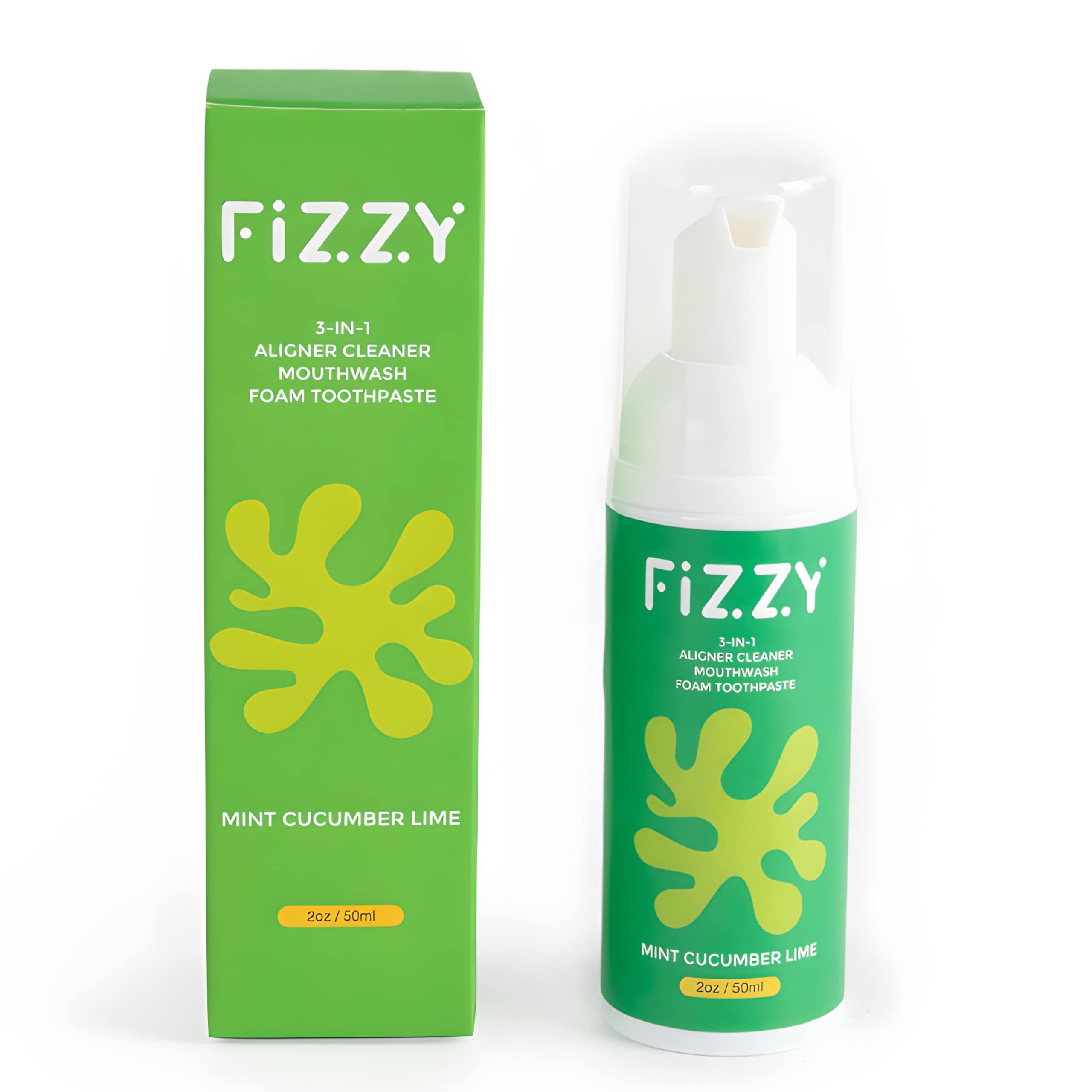 Product shot of Fizzy 3-in-1 foam cleaner for aligners and retainers in mint cucumber