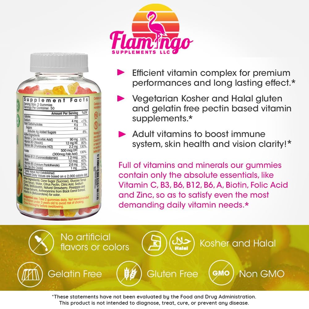 Back label of Flamingo Supplements Multivitamin Gummies bottle showing nutrition