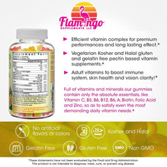 Back label of Flamingo Supplements Multivitamin Gummies bottle showing nutrition
