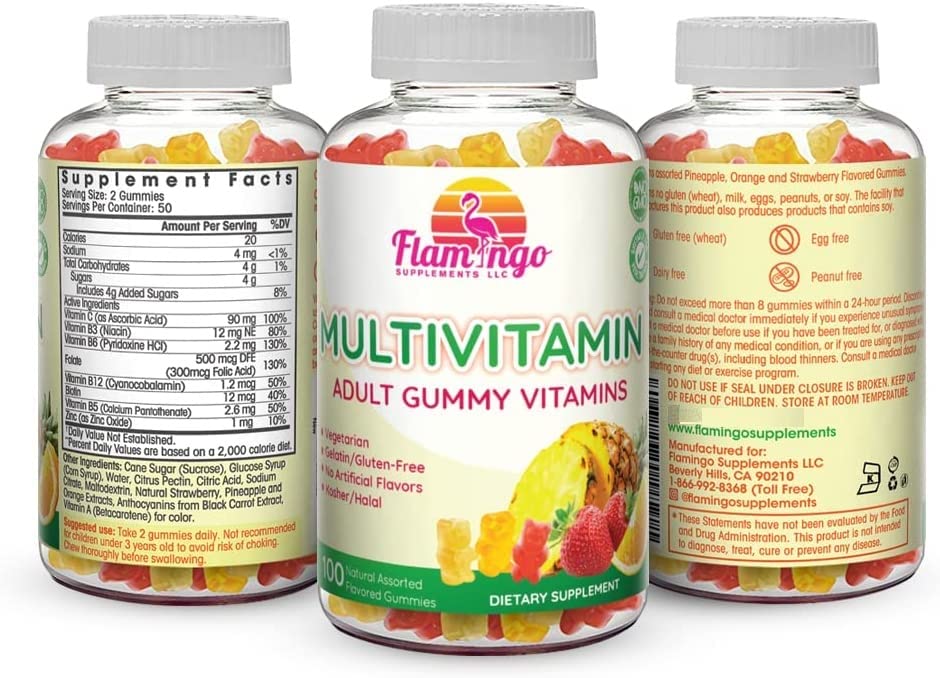 Vegan friendly, kosher and halal certified Flamingo Multivitamin Gummies with no gelatin or gluten