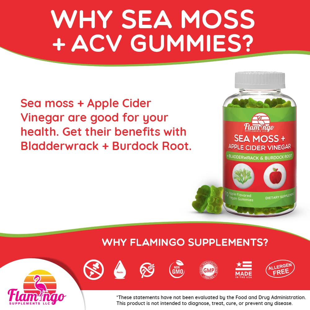 Flamingo Supplements Sea Moss Gummies ingredients display with ACV and bladderwrack for skin support