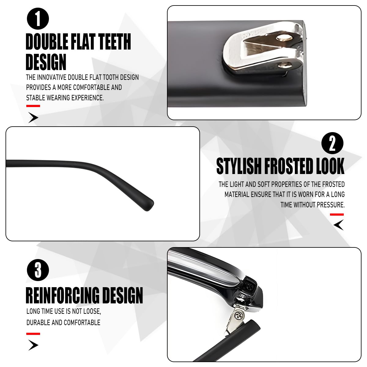 Close-up of flat and double tooth design on eyeglass arm