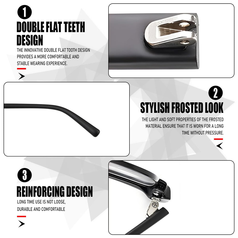 Close-up of flat and double tooth design on eyeglass arm