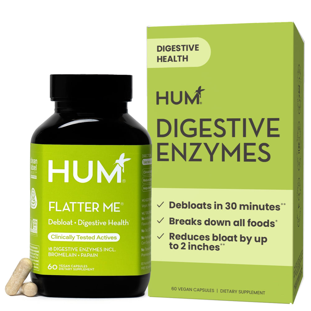 Bottle of Flatter Me digestive enzymes containing 60 vegan capsules