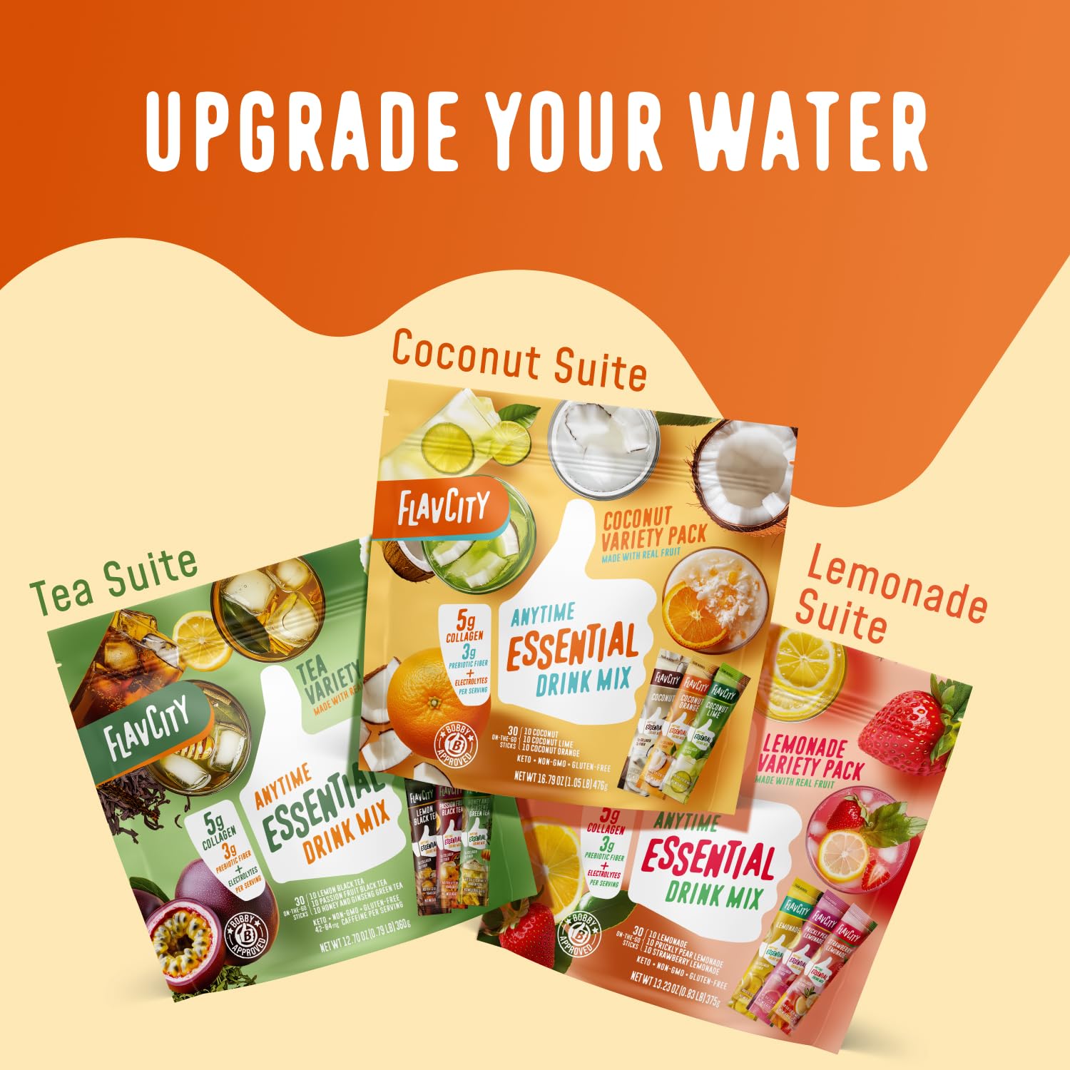 Ingredients display featuring coconut water, collagen, fiber, and electrolytes
