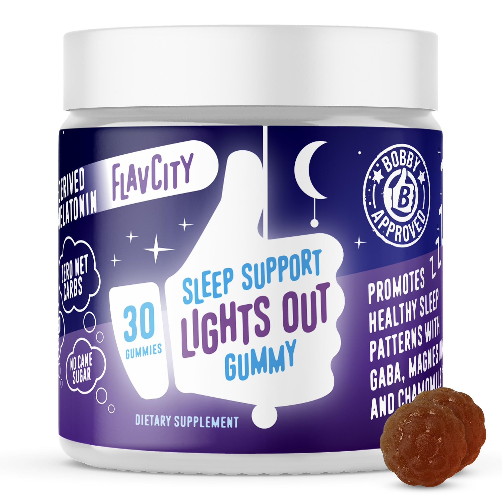 Front view of FlavCity Lights Out Sleep Gummies bottle with label