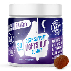 Front view of FlavCity Lights Out Sleep Gummies bottle with label