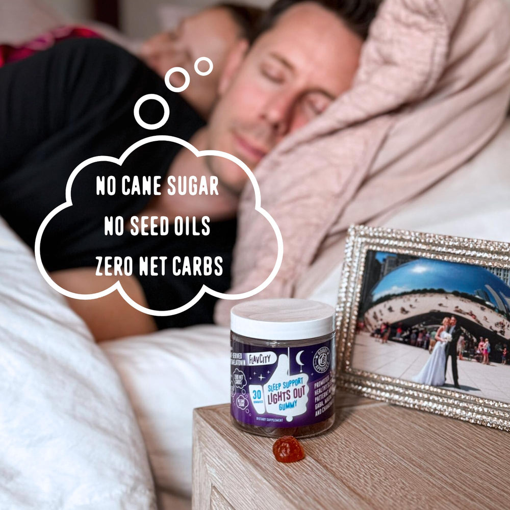 Graphic highlighting PhytoMelatonin, Magnesium, GABA, and Chamomile as ingredients