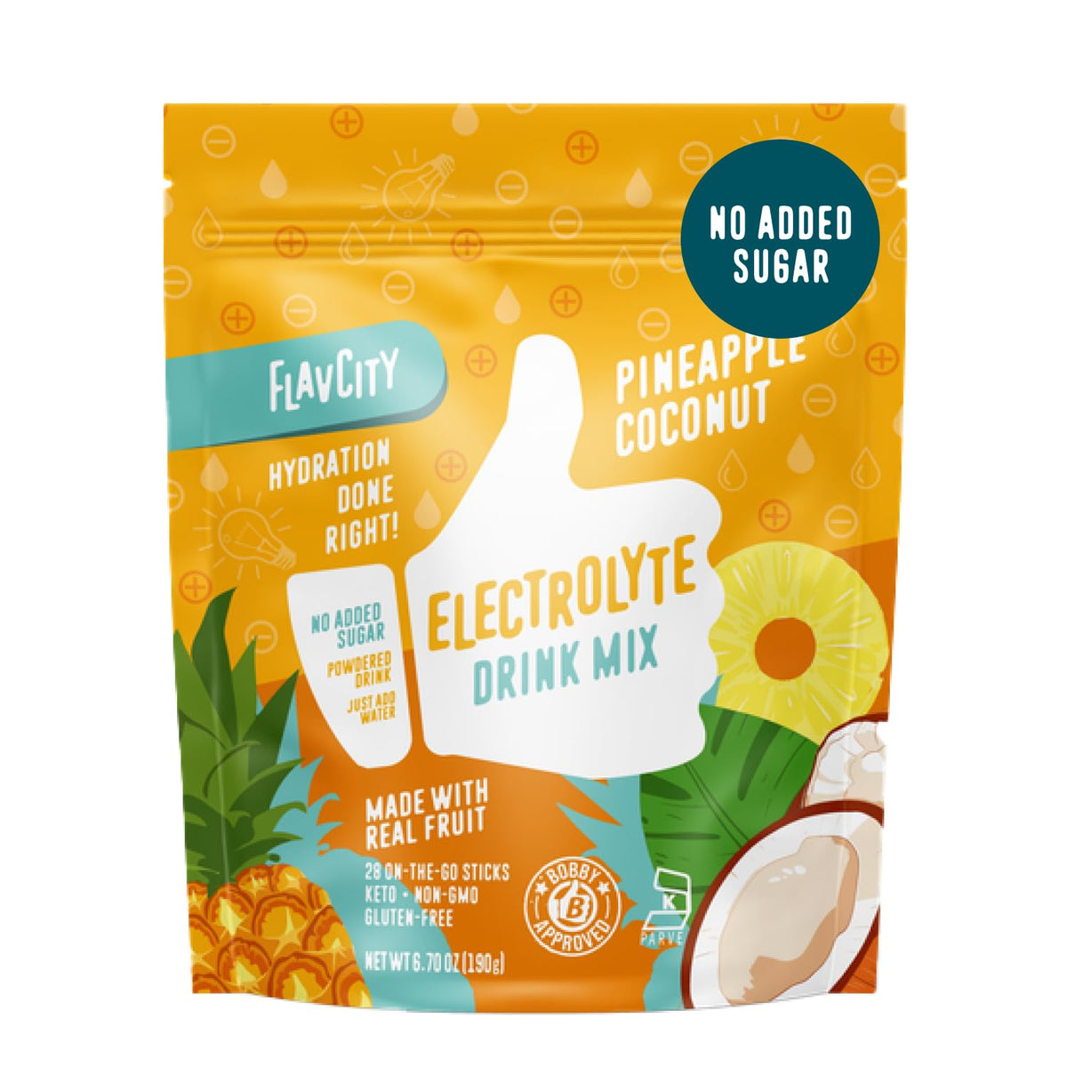 FlavCity Pineapple Coconut Electrolytes packaging box with 28 hydration packets