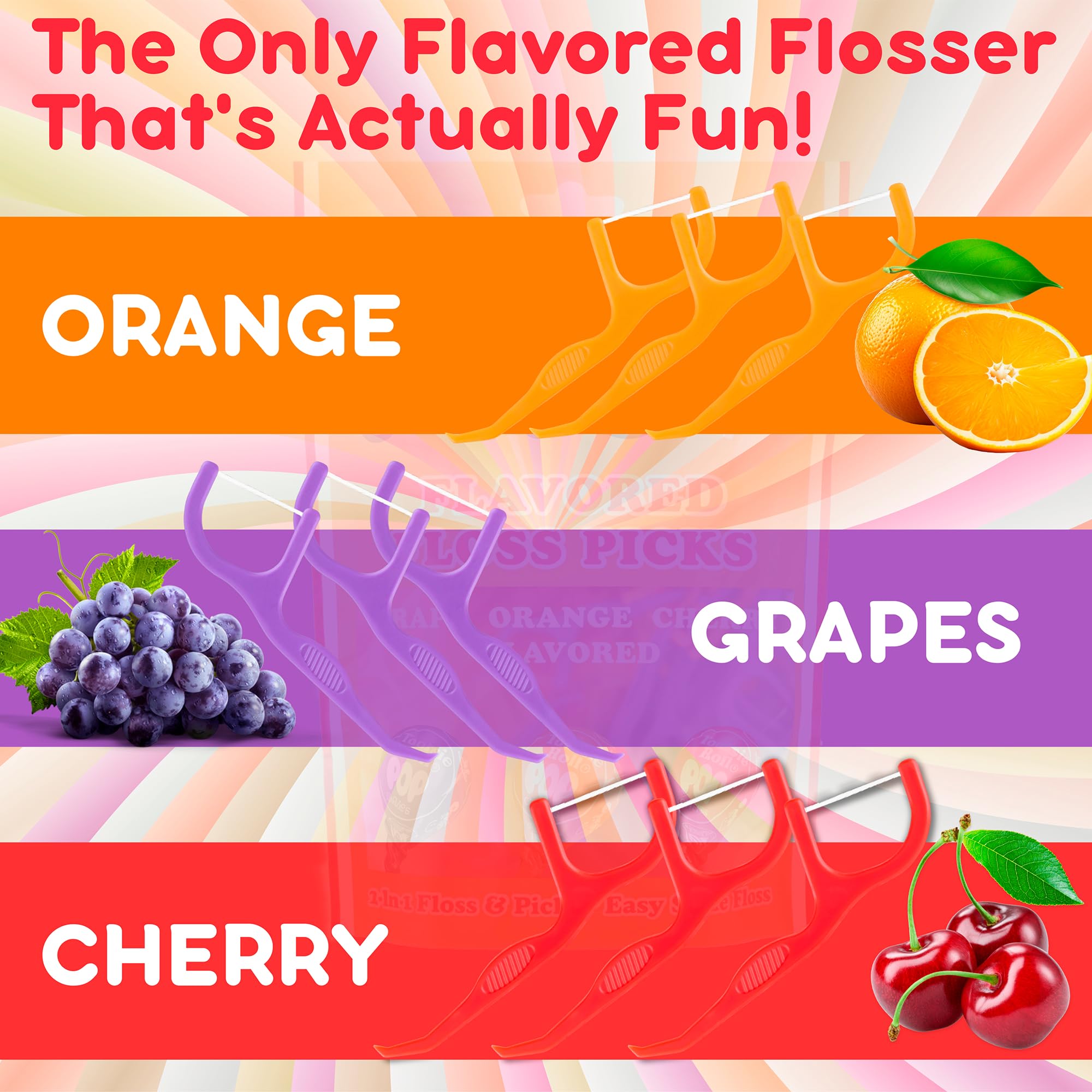 Flavored floss picks arranged for display