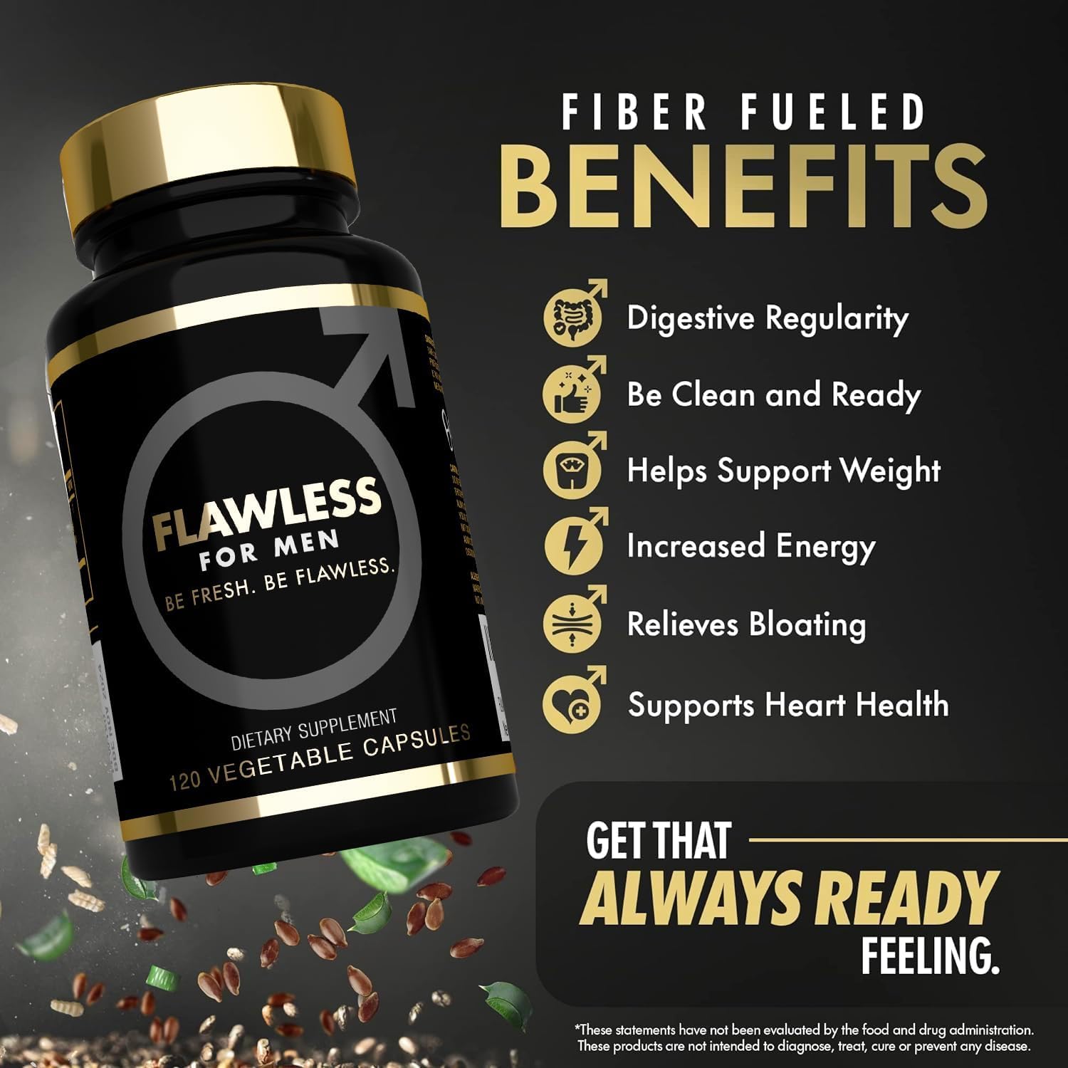 Close-up of Flawless for Men capsules with psyllium husk, aloe vera, chia and flaxseed