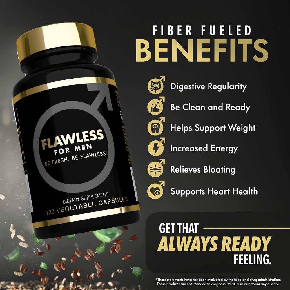 Close-up of Flawless for Men capsules with psyllium husk, aloe vera, chia and flaxseed