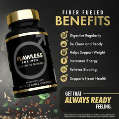 Close-up of Flawless for Men capsules with psyllium husk, aloe vera, chia and flaxseed