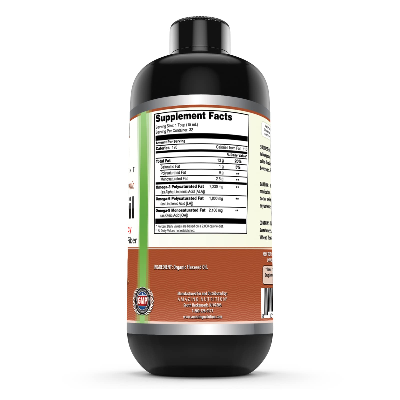 Flaxseed Oil bottle showing 32 servings per bottle