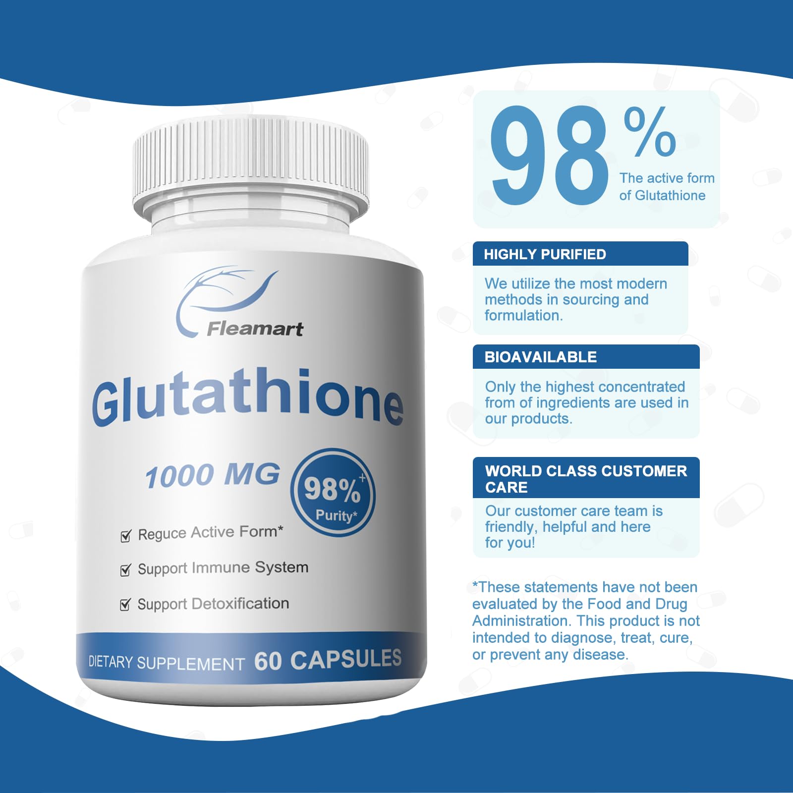 Fleamart Glutathione label detail shows fermentation-derived formula and high purity