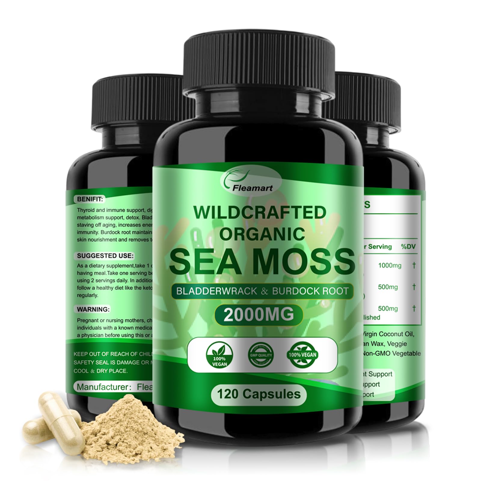 Fleamart Irish Sea Moss Capsules 120ct bottle featuring raw sea moss