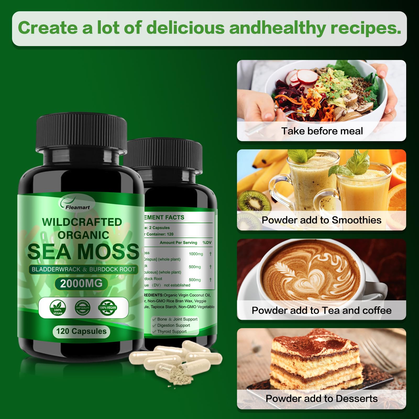Person taking sea moss capsules or adding to a smoothie