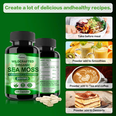 Person taking sea moss capsules or adding to a smoothie