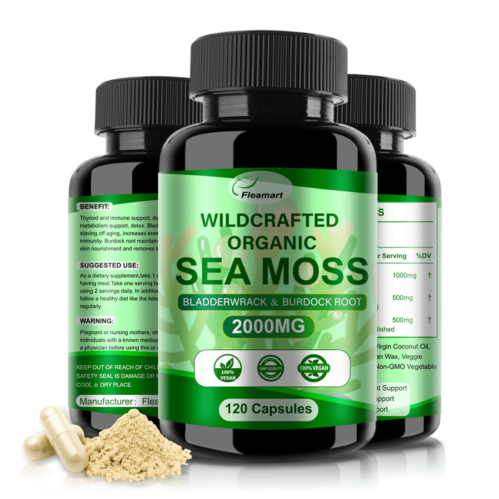 Bottle of Fleamart Irish Sea Moss Capsules with raw sea moss imagery