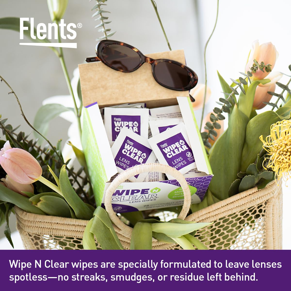 Four boxes of 75 individually wrapped lens wipes for travel