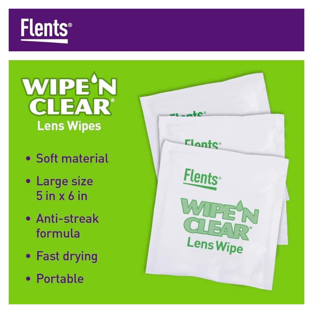 Person using Flents WIPE'N Lens Wipes to clean glasses on the go