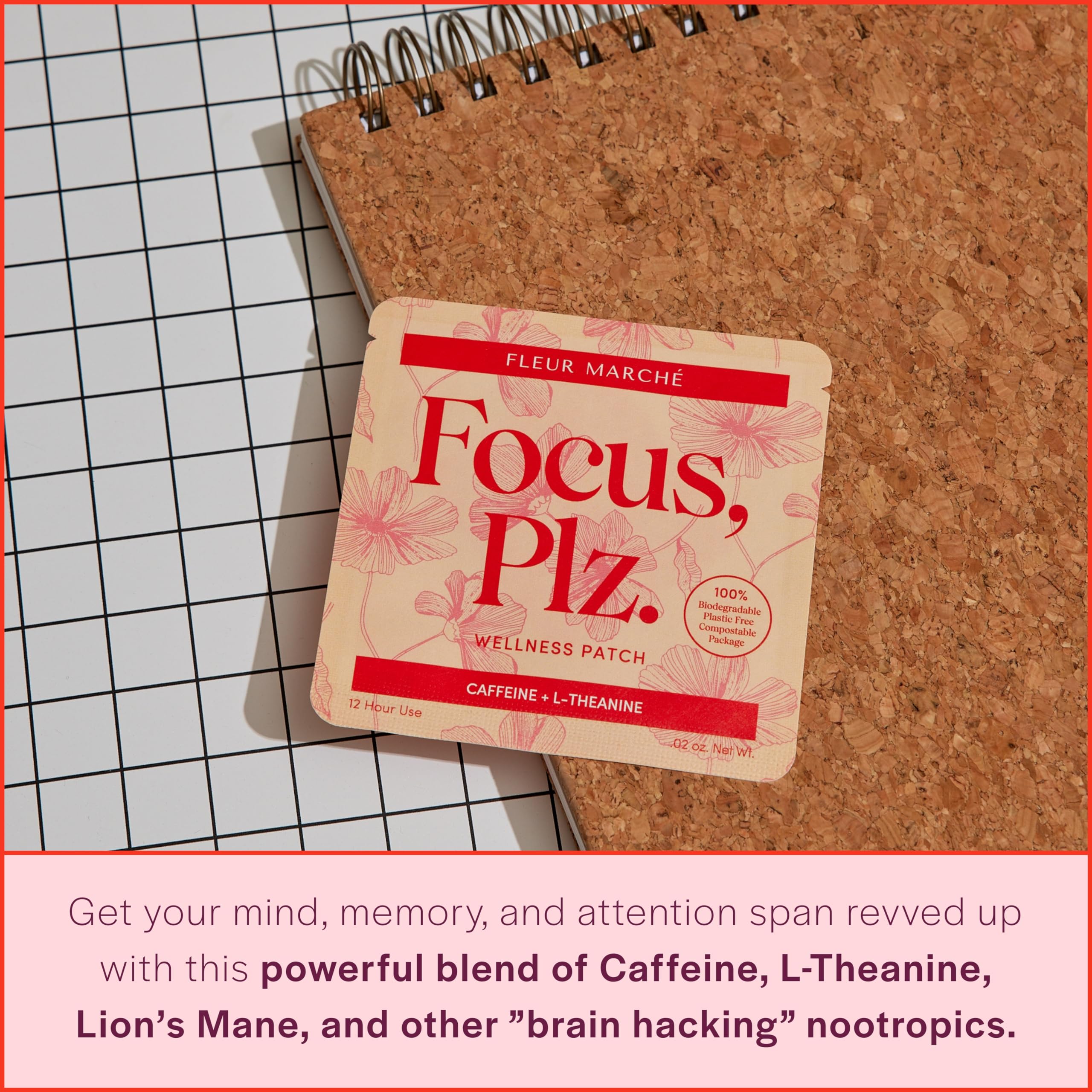 Fleur Marche Focus Plz patch on arm demonstrating transdermal delivery for focus support.