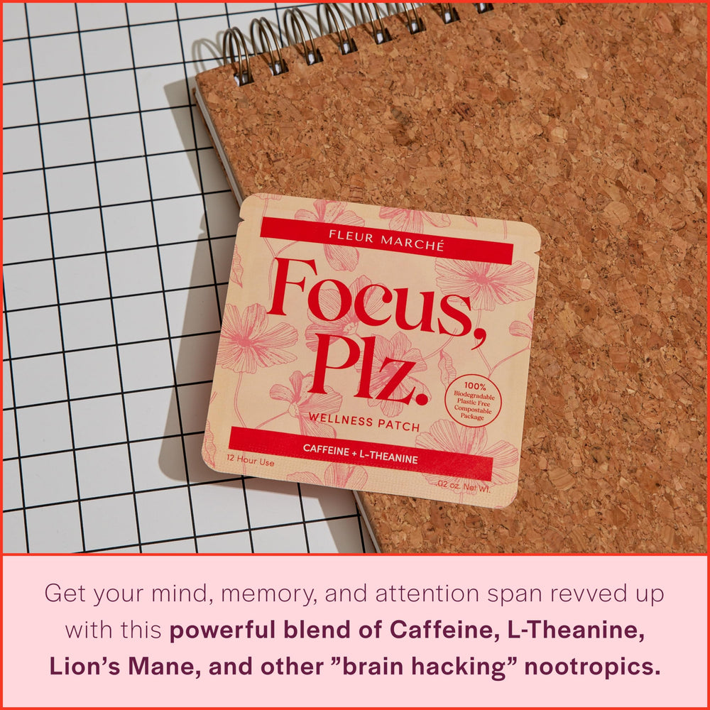 Fleur Marche Focus Plz patch on arm demonstrating transdermal delivery for focus support.