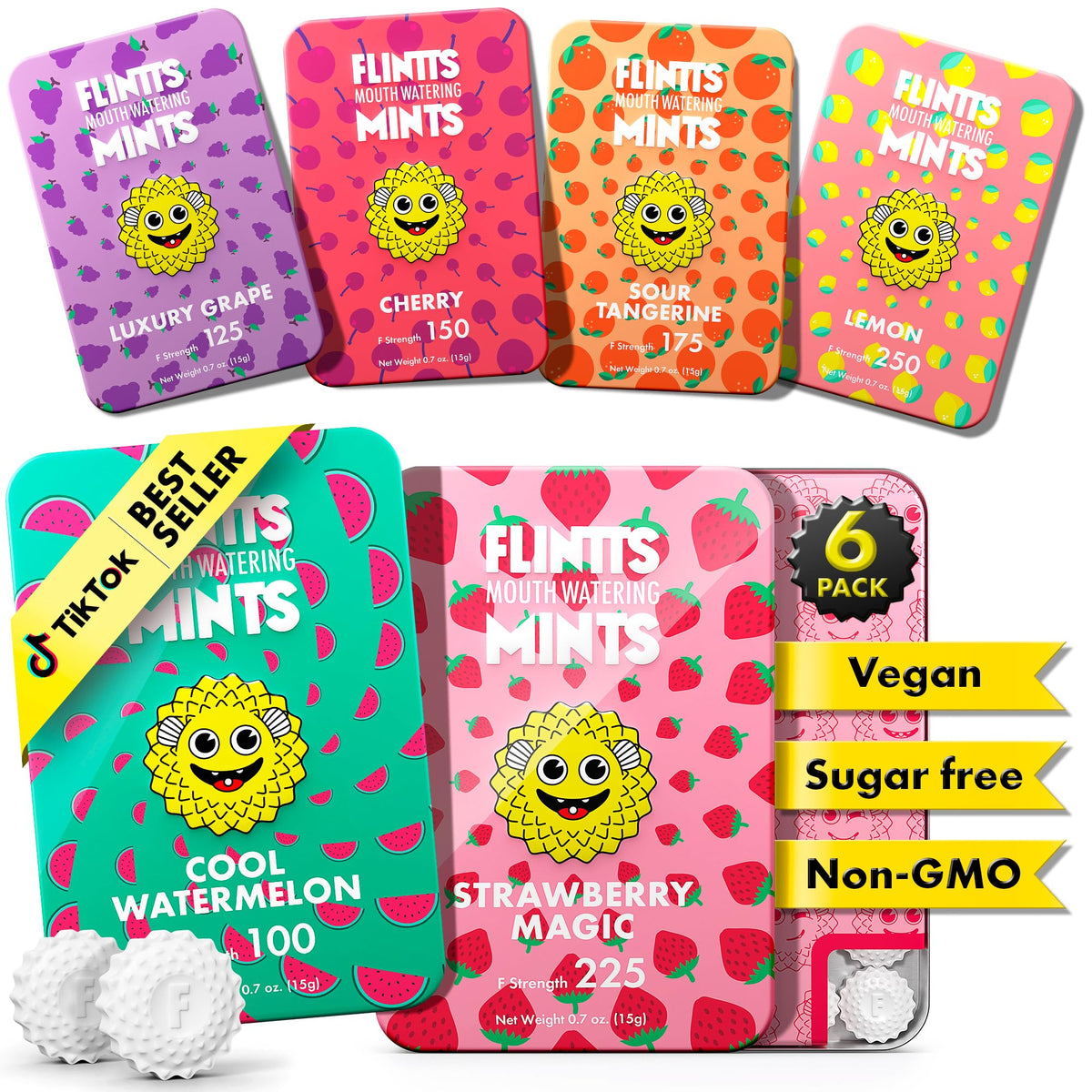 Front view of Flintts Mints Fruit Troop package