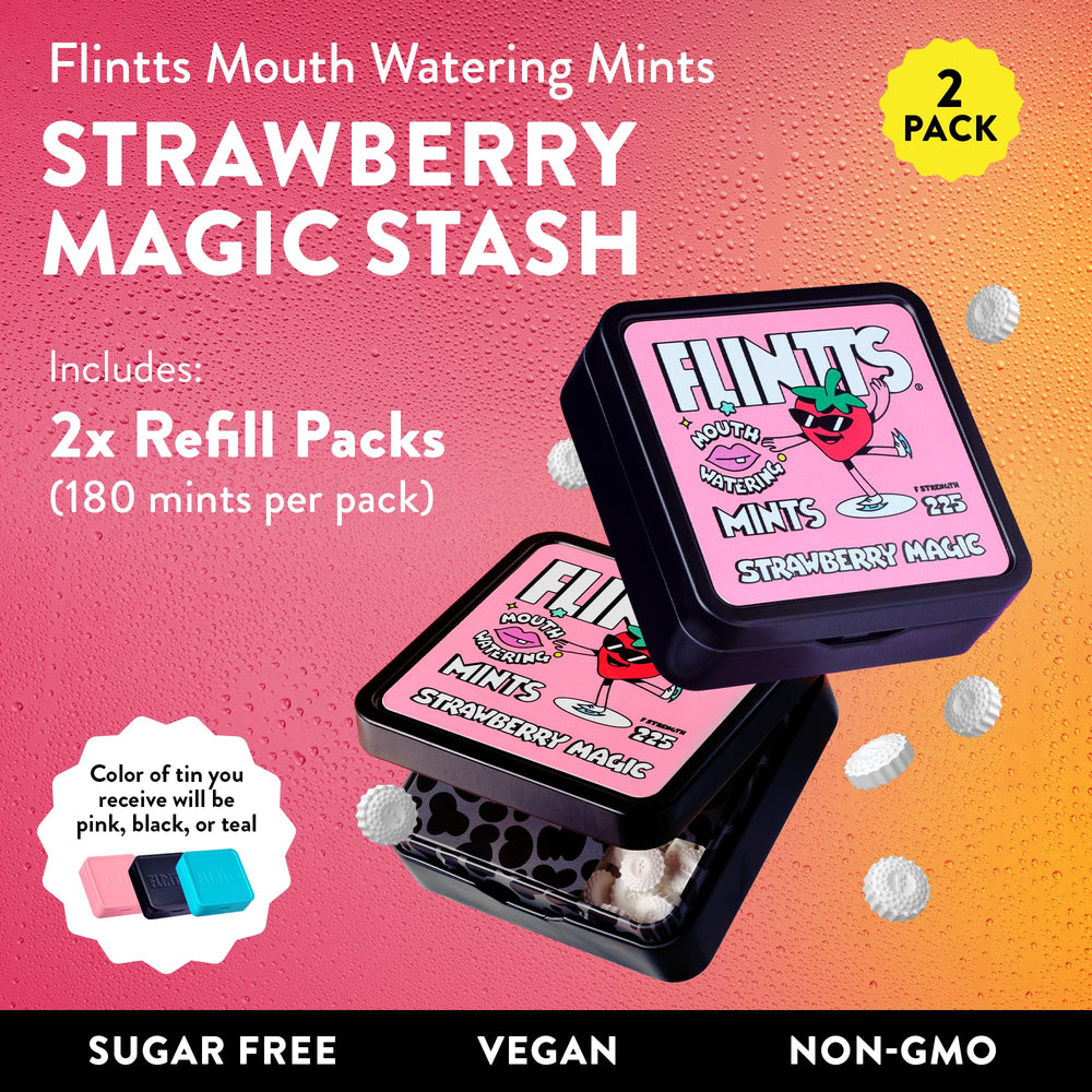 Open tin of Flintts Mints Strawberry Stash showing mints inside