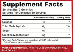 Two Creatine Monohydrate gummies shown beside a glass of water