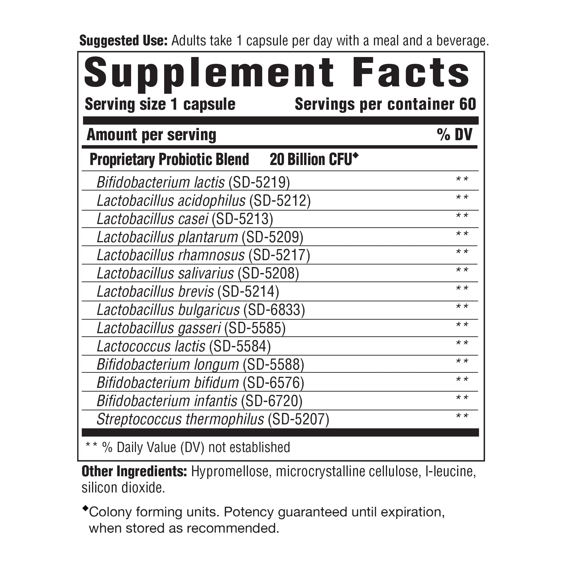 Back of bottle showing supplement facts and 20 Billion CFU