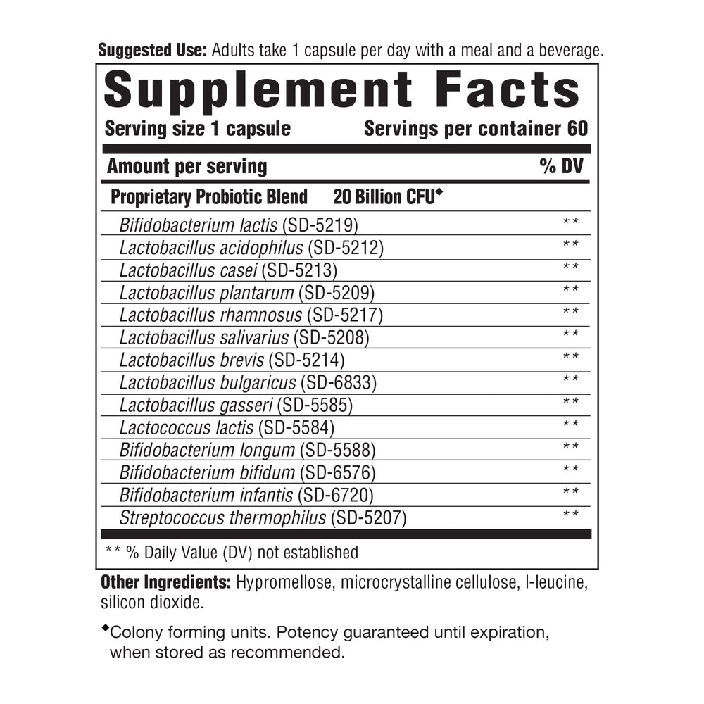 Back of bottle showing supplement facts and 20 Billion CFU
