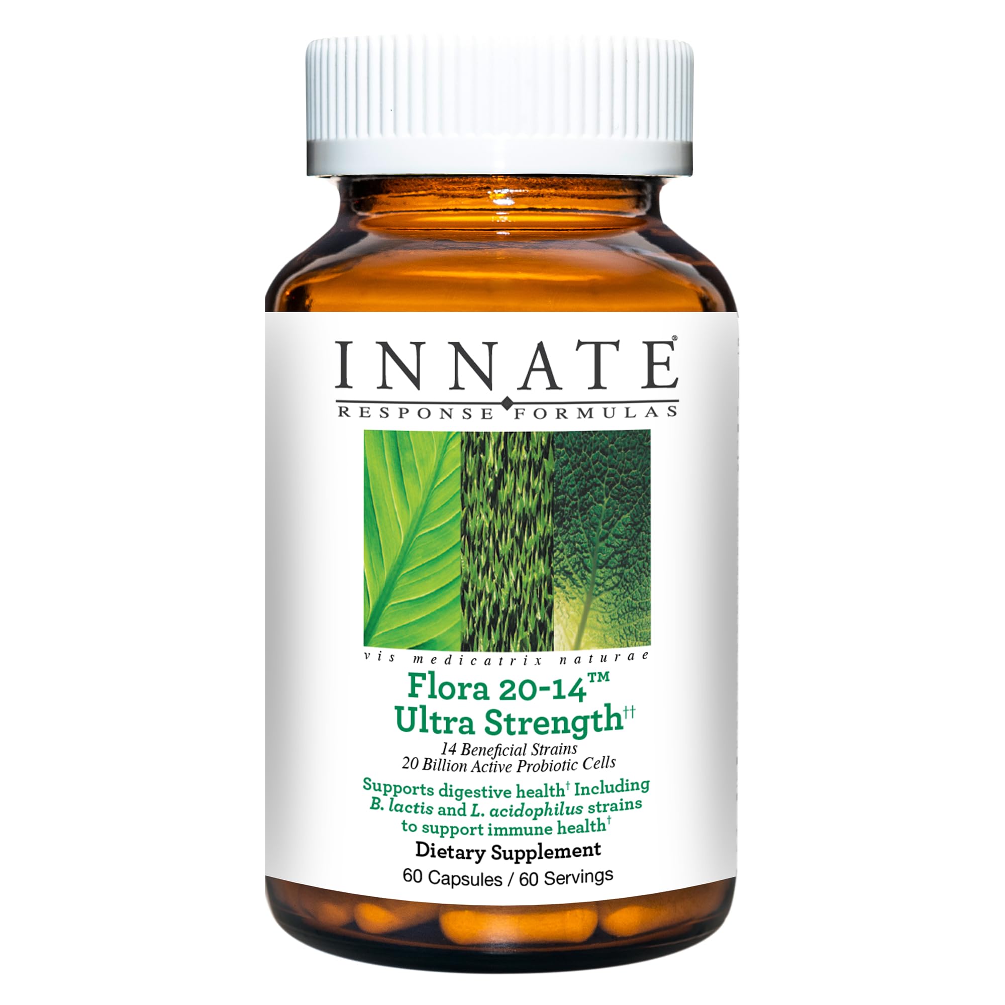 Front view of Innate Response Flora 20-14 Ultra Strength probiotic bottle