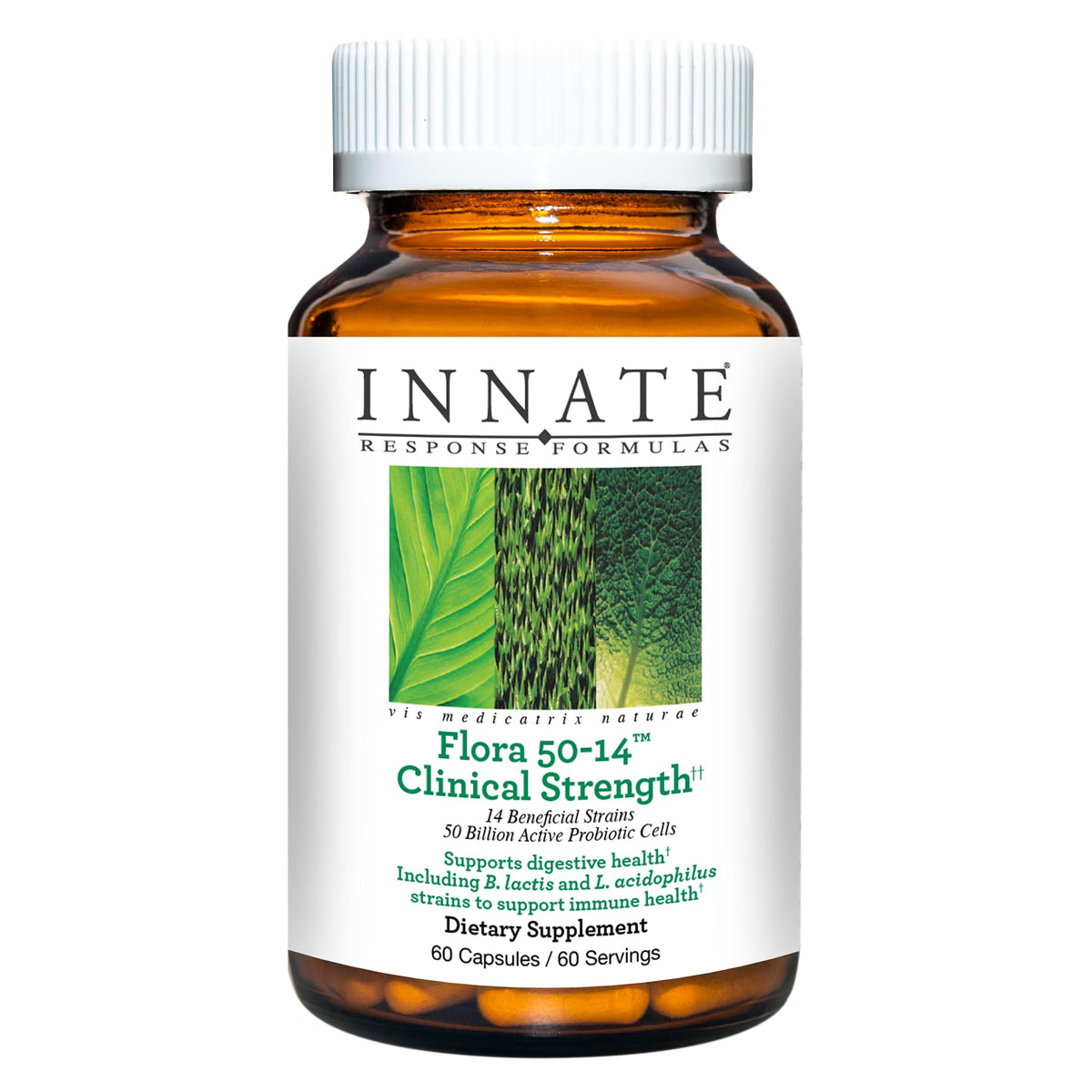 Bottle of Innate Response Flora 50-14 probiotic with label visible