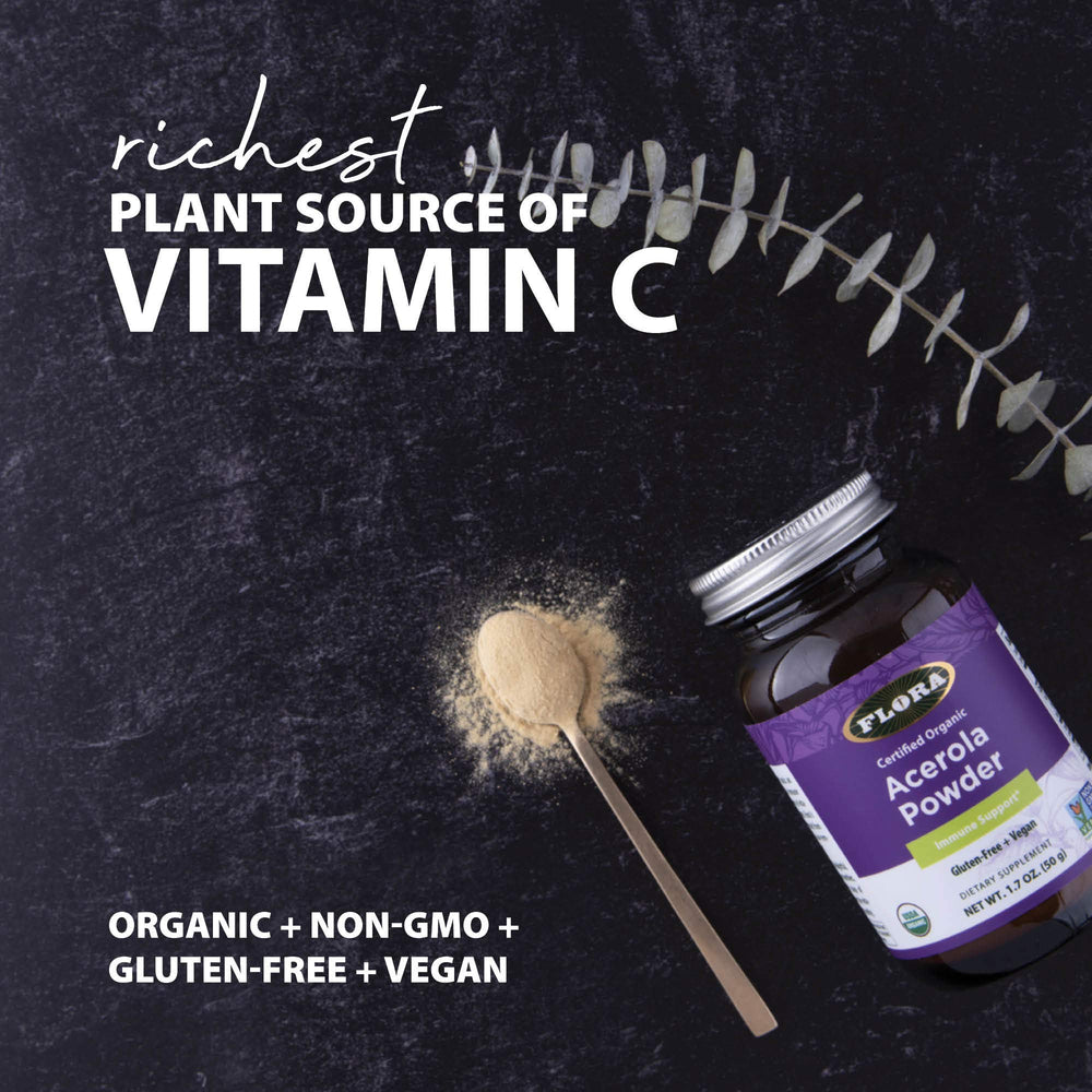 Nutrition label showing gluten-free and vegan on Flora Acerola Powder