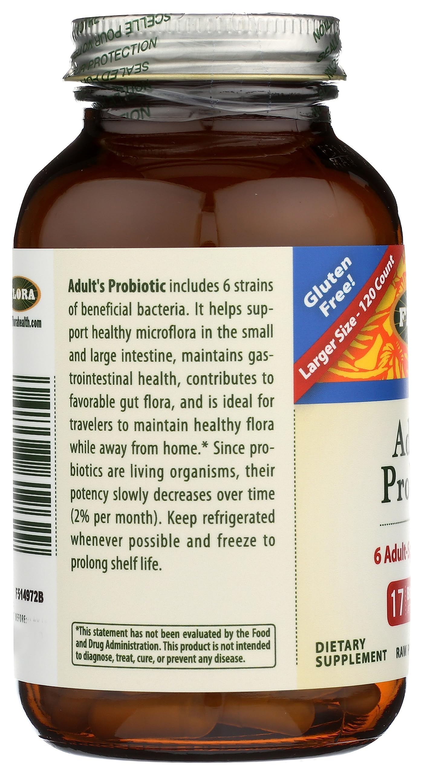 Flora Adults Probiotic bottle showing 120 vegetarian capsules