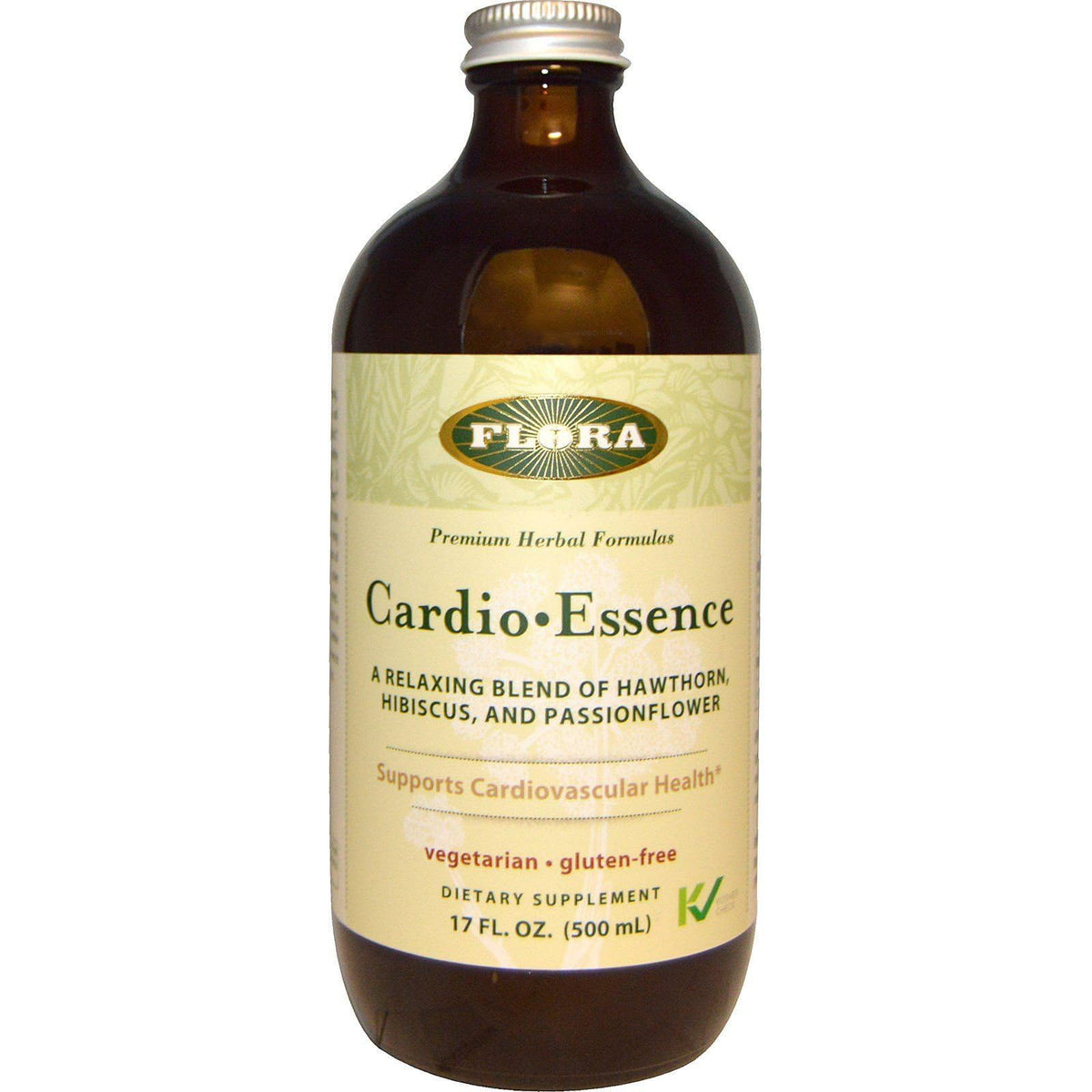 Flora Cardio-Essence bottle and label on a neutral background