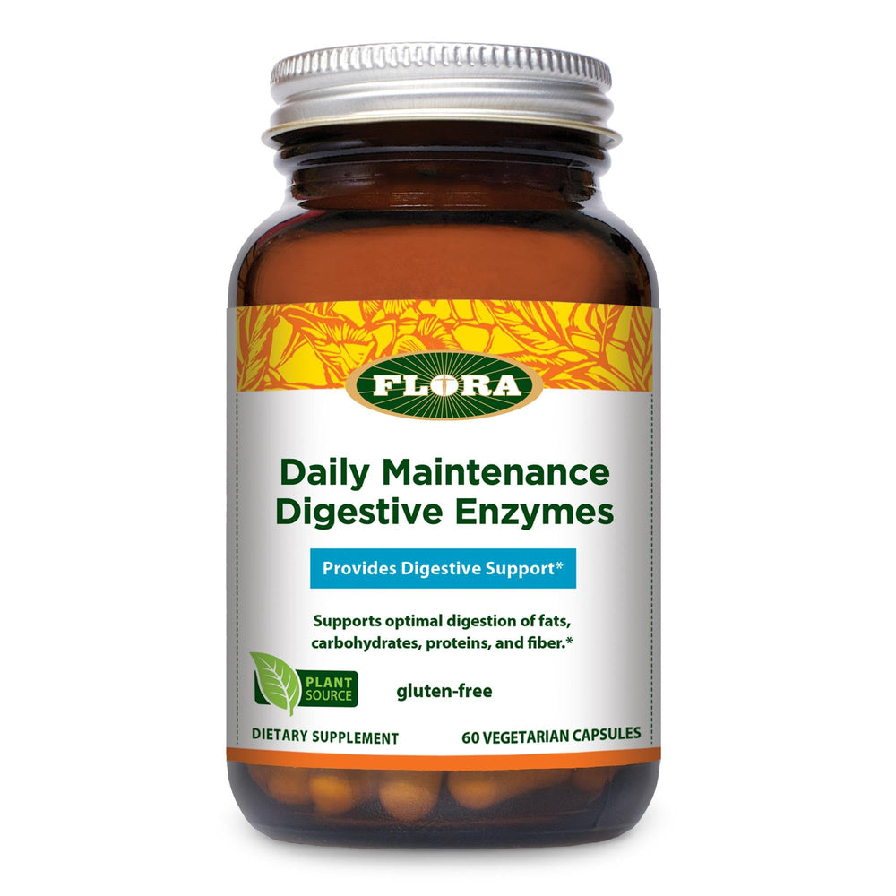 Bottle of Flora Daily Maintenance Digestive Enzymes with 60 vegetarian capsules