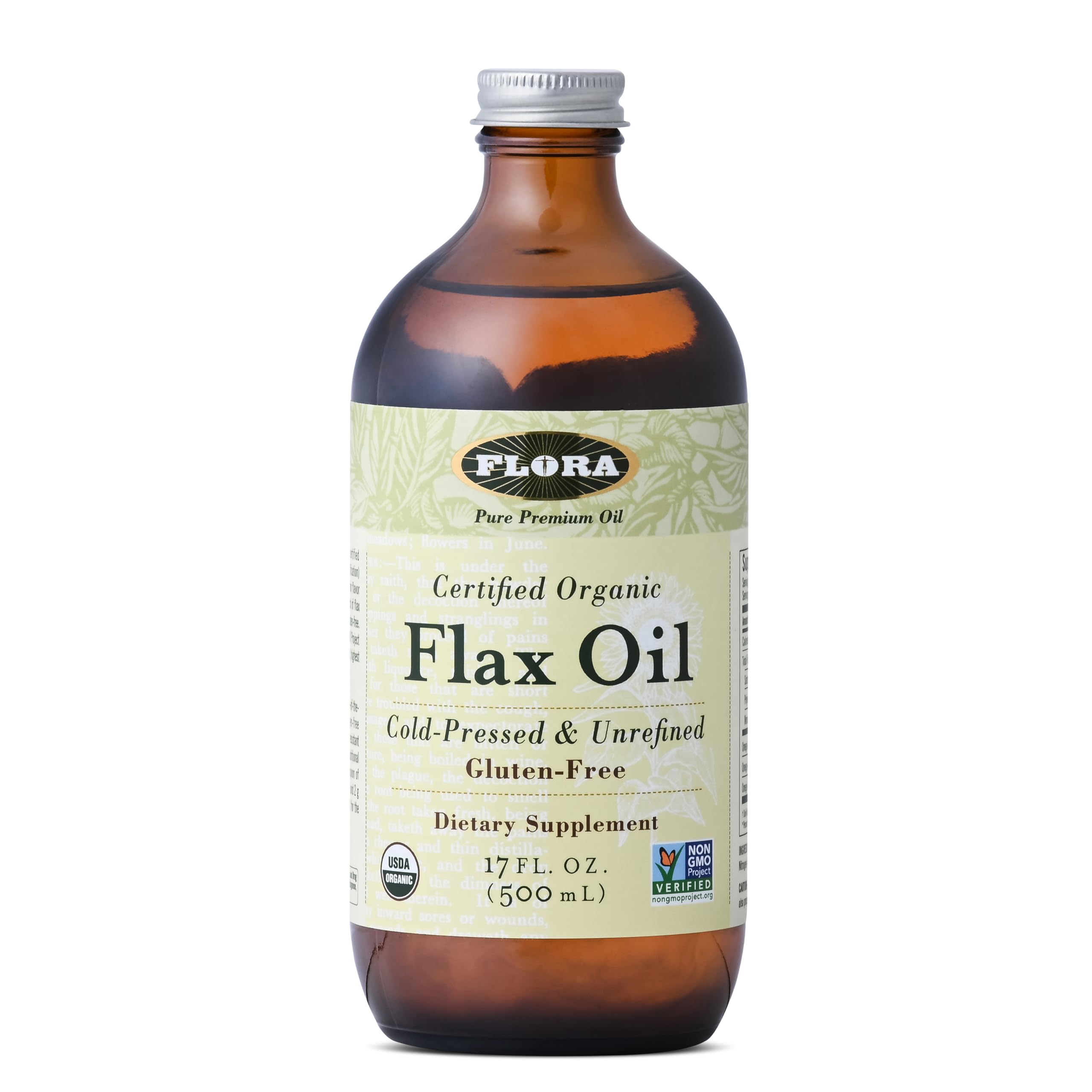Flora Flax Oil in a 17 oz amber glass bottle