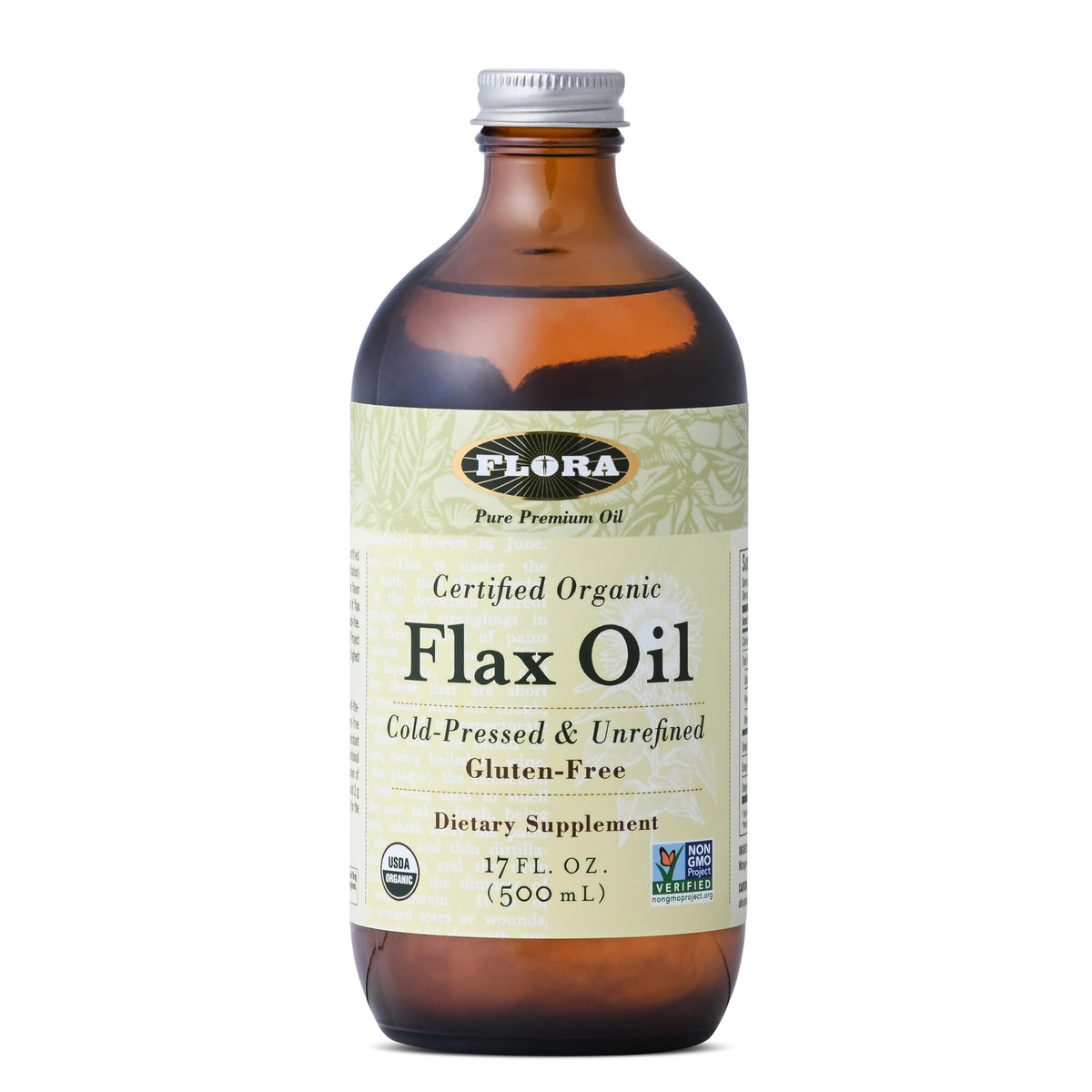 Flora Flax Oil in a 17 oz amber glass bottle
