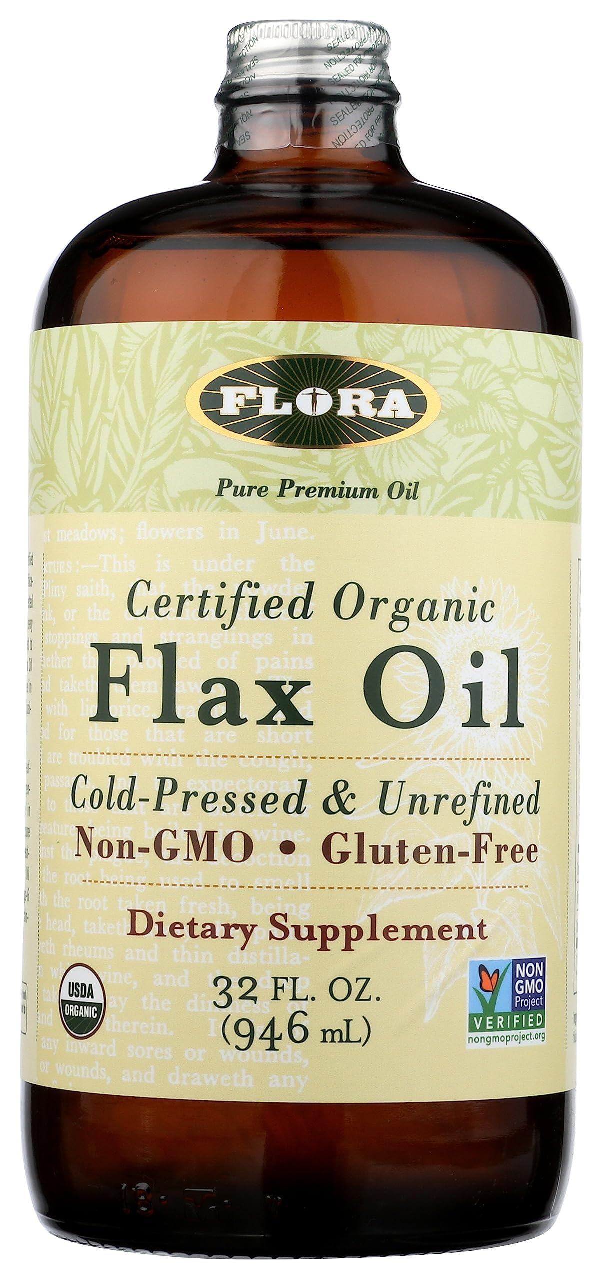 Flora Flax Oil 32 oz amber bottle on kitchen counter