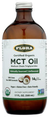 Flora Health MCT Oil bottle front view in a 17 oz glass bottle