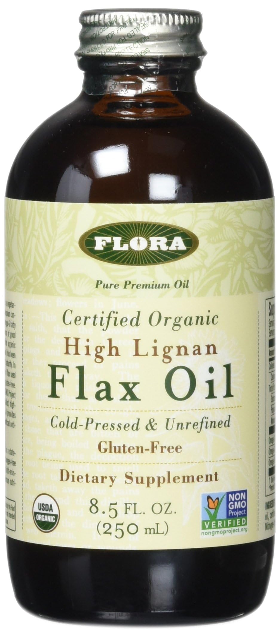 Flora Health Organic High Lignan Flax Seed Oil in a 17 oz glass bottle