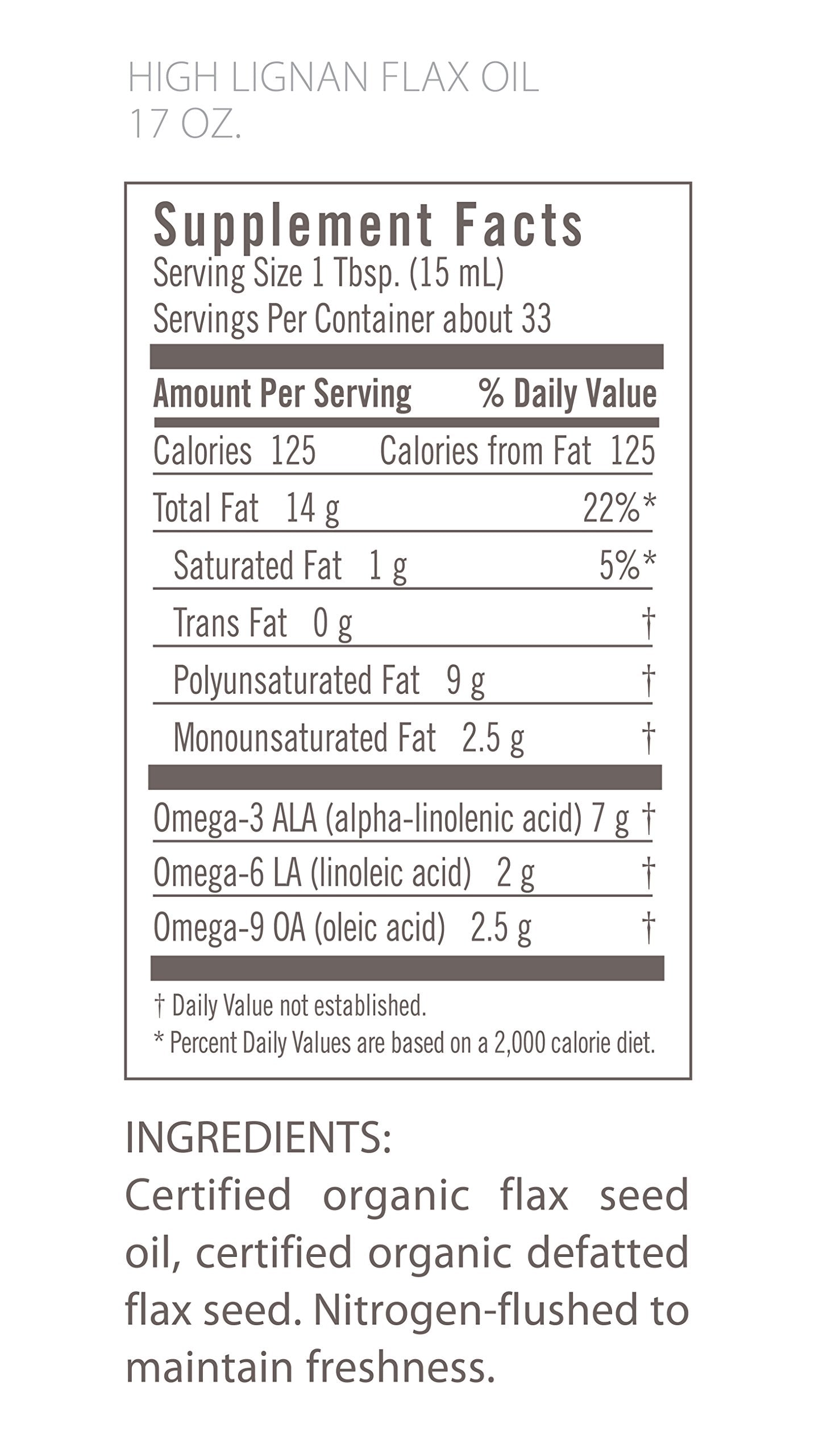 Close-up of Flora High Lignan Flax Seed Oil bottle label