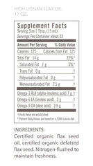 Close-up of Flora High Lignan Flax Seed Oil bottle label