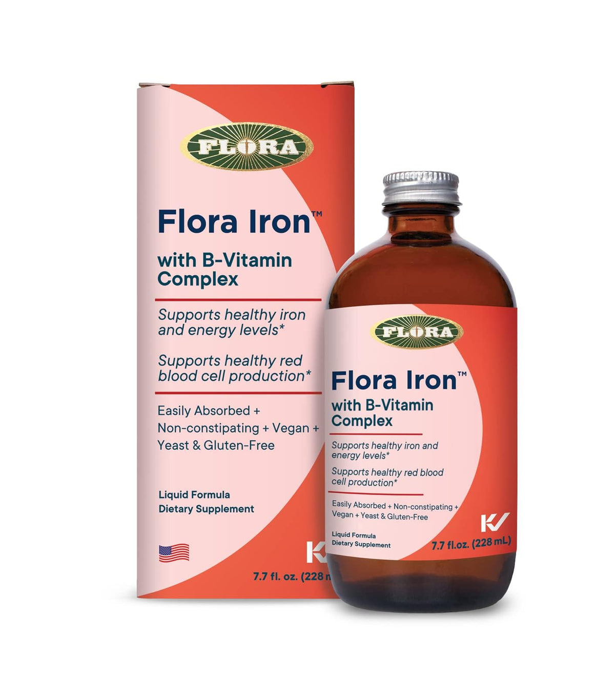 Flora Iron liquid iron supplement bottle with fruit juice base