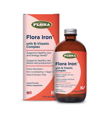 Flora Iron liquid iron supplement bottle with fruit juice base