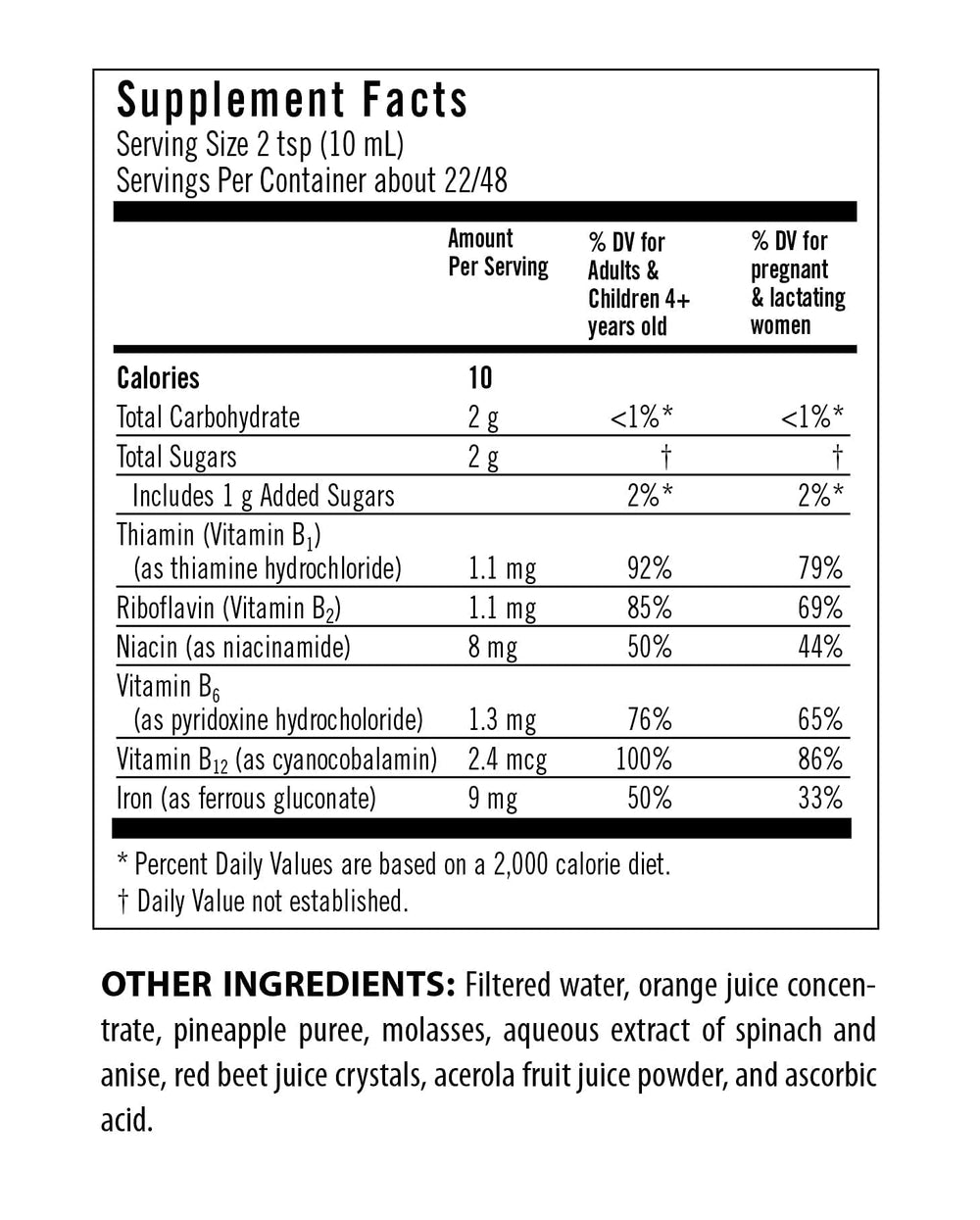 Close-up of Flora Iron bottle label highlighting B vitamins