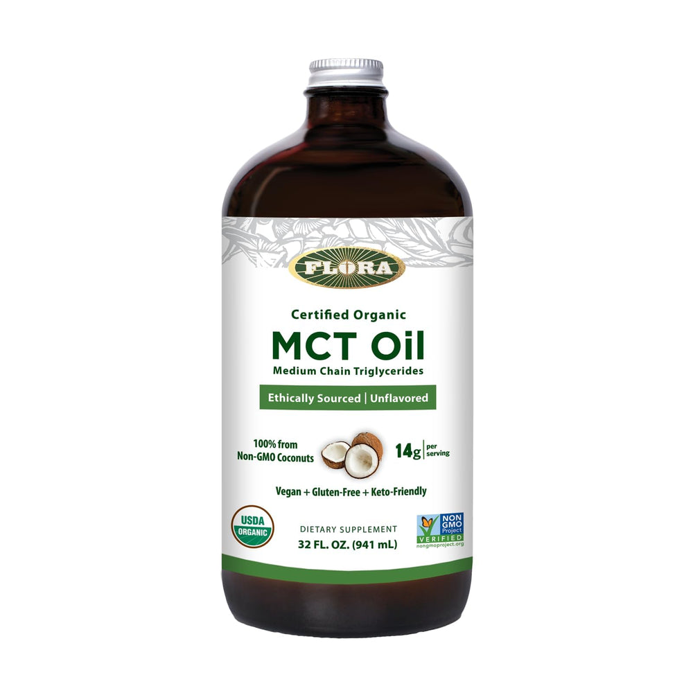 Flora MCT Oil certified organic 32 oz glass bottle label