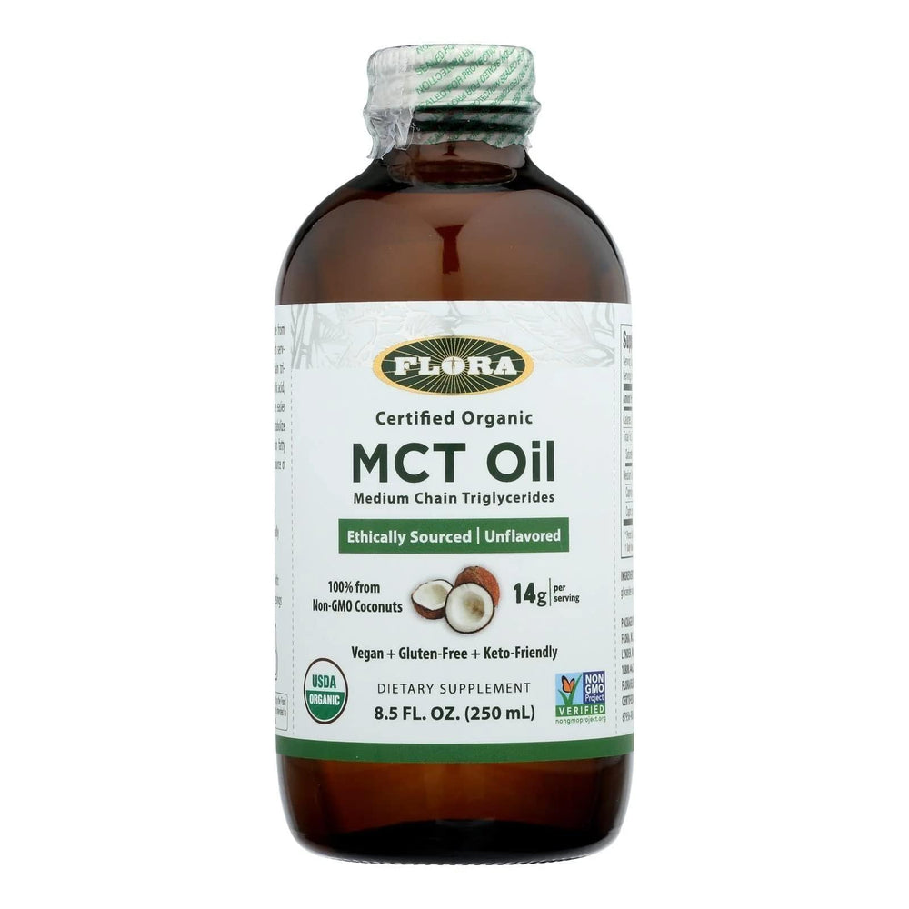 Front view of Flora MCT Oil certified organic 8.5 oz glass bottle